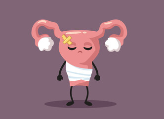 Sad Unhappy Uterus Recovering from Illnesses Vector Illustration. Suffering after hysterectomy medical concept drawing 
