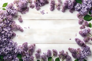 Romantic floral composition with loosely arranged Lilac flowers frame on a rustic white wooden background, top view, flat lay Generative AI