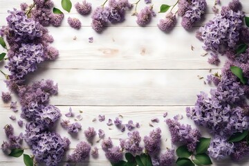 Romantic floral composition with loosely arranged Lilac flowers frame on a rustic white wooden background, top view, flat lay Generative AI