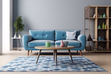 interior decor room trendy empty house cosy floor carpet blue three-dimensional. Generative AI.
