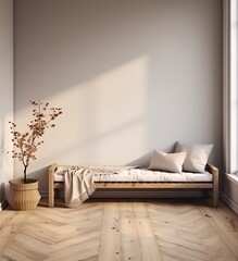 Home mockup, featuring a modern beige room interior in Scandinavian style, 3D render. Made with Generative AI technology
