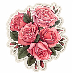 valentine's day sticker with pink roses isolated on white background