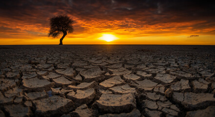 cracked earth on the ground with tree in sunset