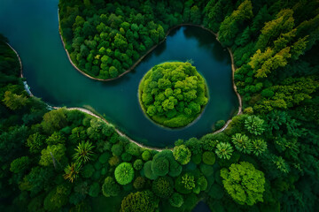 Tropical Rainforest Landscape background. Drone view of green forest with calm water on the lake