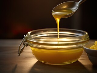 Homemade ghee clarified butter in a glass jar. Generative AI