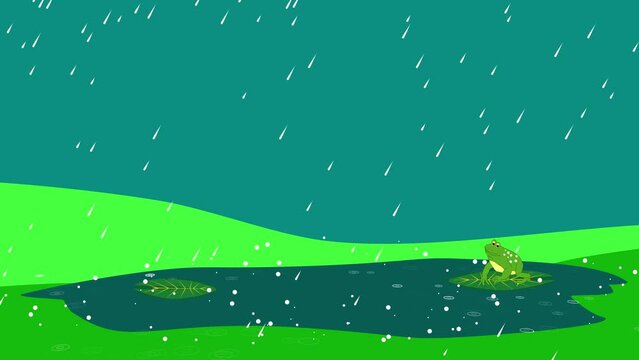 Frog sitting on the leave on the lake, rainy day animation