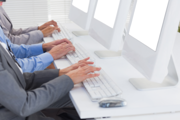 Digital png photo of diverse business people writing on keyboard on transparent background