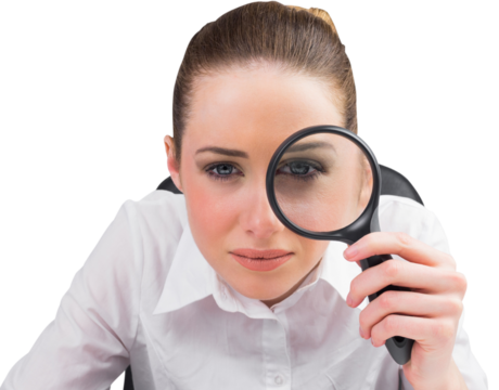 Digital png photo of caucasian woman holding magnifying glass on transparent background
