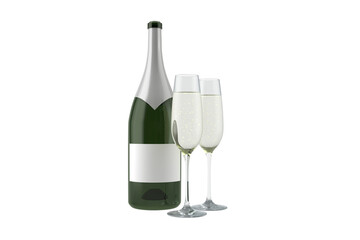 Digital png illustration of bottle and glasses of champagne on transparent background