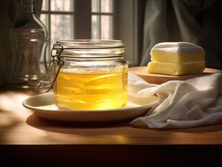 Homemade ghee clarified butter in a glass jar. Generative AI