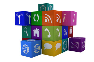 Digital png illustration of cubes with network symbols on transparent background