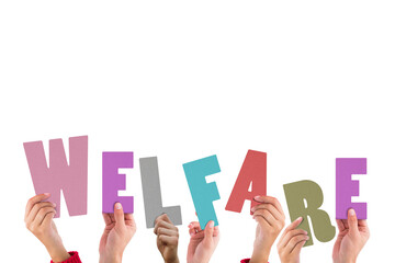 Digital png illustration of hands with welfare text on transparent background