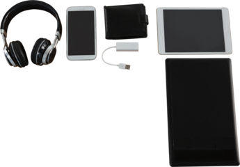 Digital png illustration of tablet, smartphone and headphones on transparent background