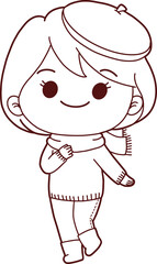 Autumn hand drawn doodle with happy girl wearing Autumn outfit