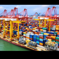 Container ship at industrial port in import export business logistic and transportation of international by container ship in the sea,
Generative AI
