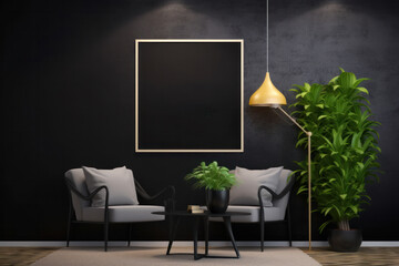 mockup poster in a modern black wall room with some,Generative AI