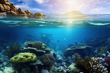 Fototapeta na wymiar The sea is underwater and lit by blue sunlight. Generative AI