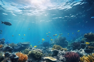 Naklejka na ściany i meble The sea is underwater and lit by blue sunlight. Generative AI