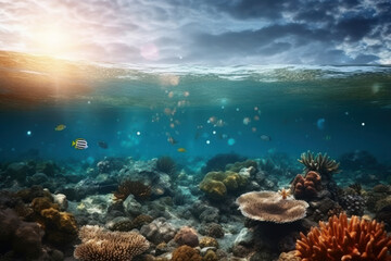 Naklejka na ściany i meble The sea is underwater and lit by blue sunlight. Generative AI