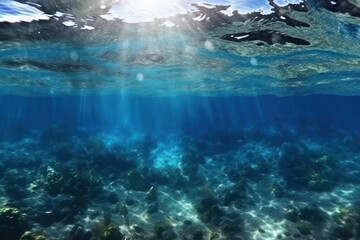Fototapeta na wymiar The sea is underwater and lit by blue sunlight. Generative AI