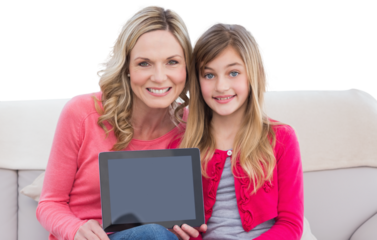 Digital png photo of caucasian mother and daughter using tablet on transparent background