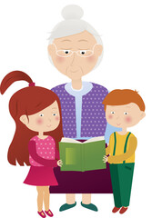 Digital png illustration of brother, sister and grandmother reading book on transparent background
