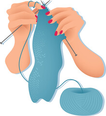 Digital png illustration of caucasian female hands knitting with blue wool on transparent background