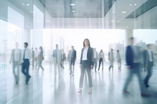 realistic blurred business people in white glass office.generative ai