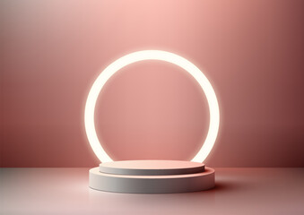 3D Realistic Beige Podium Stand with Neon Light Circle Backdrop