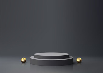 3D Realistic Black and Gray Podium with Golden Balls on Gray and Black Background