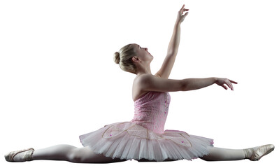 Digital png photo of caucasian female ballet dancer doing splits on transparent background