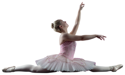 Digital png photo of caucasian female ballet dancer doing splits on transparent background