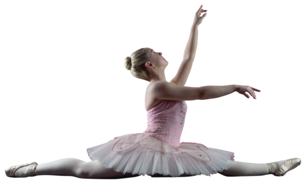 Digital png photo of caucasian female ballet dancer doing splits on transparent background