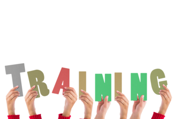 Digital png illustration of hands holding training text letters on transparent background