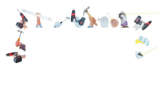 Digital png illustration of hands holding tools on transparent background