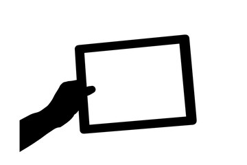 Digital png black silhouette illustration of hand holding tablet on transparent background