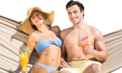 Digital png photo of happy caucasian couple on hammock with cocktails on transparent background