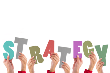 Digital png illustration of hands holding strategy text letters on transparent background