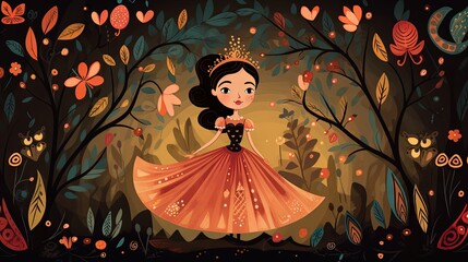 Cute and beautiful fairy tale princess in the woods forest background. Orange and green warm tone. Kids baby and children book illustration concept. Generative AI