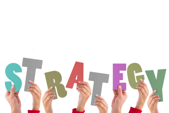 Digital png illustration of hands holding strategy text letters on transparent background