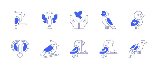 Bird icon set. Duotone style line stroke and bold. Vector illustration. Containing bird, holy spirit, peace, weaver, phoenix, cardinal, parrot, bird of paradise.