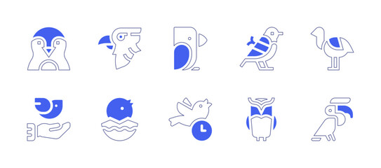 Bird icon set. Duotone style line stroke and bold. Vector illustration. Containing penguin, eagle, bird, ostrich, peace, chicken, early, owl, hornbill.
