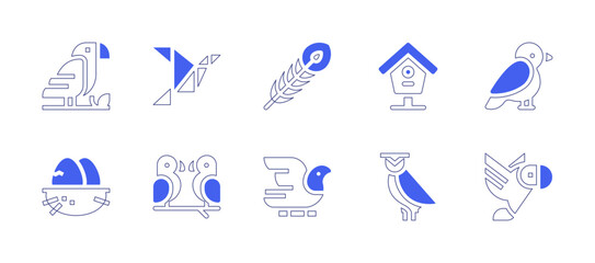 Bird icon set. Duotone style line stroke and bold. Vector illustration. Containing bird, peacock, bird house, arctic tern, egg, pigeon, owl, parrot.