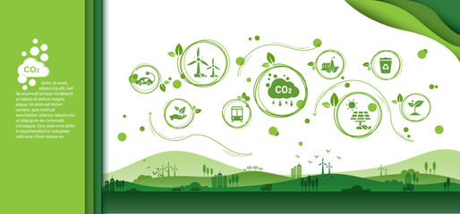 The concept of reduce co2 emission using clean energy and reduce climate change problem with flat icon vector illustration. Green environment templet infographic design for web banner. - obrazy, fototapety, plakaty