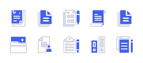 Documentation icon set. Duotone style line stroke and bold. Vector illustration. Containing documents, document, form, clipboard, archive.