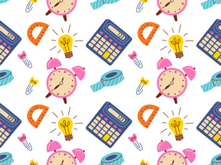Seamless pattern of school supplies. Back to school. Various accessories for study, student equipment.
