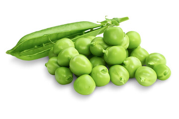 A bunch of green peas lying next to an empty pod isolated on a transparent background.