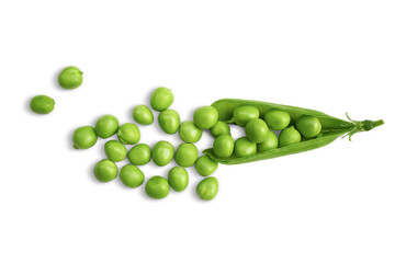 Scattered fresh green peas on a transparent background.