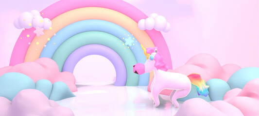 3d rendered cartoon rainbow land with unicorn.