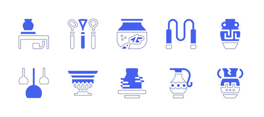 Pottery icon set. Duotone style line stroke and bold. Vector illustration. Containing pottery, tools, cutting, amphora, lamps, ceramics, vase.